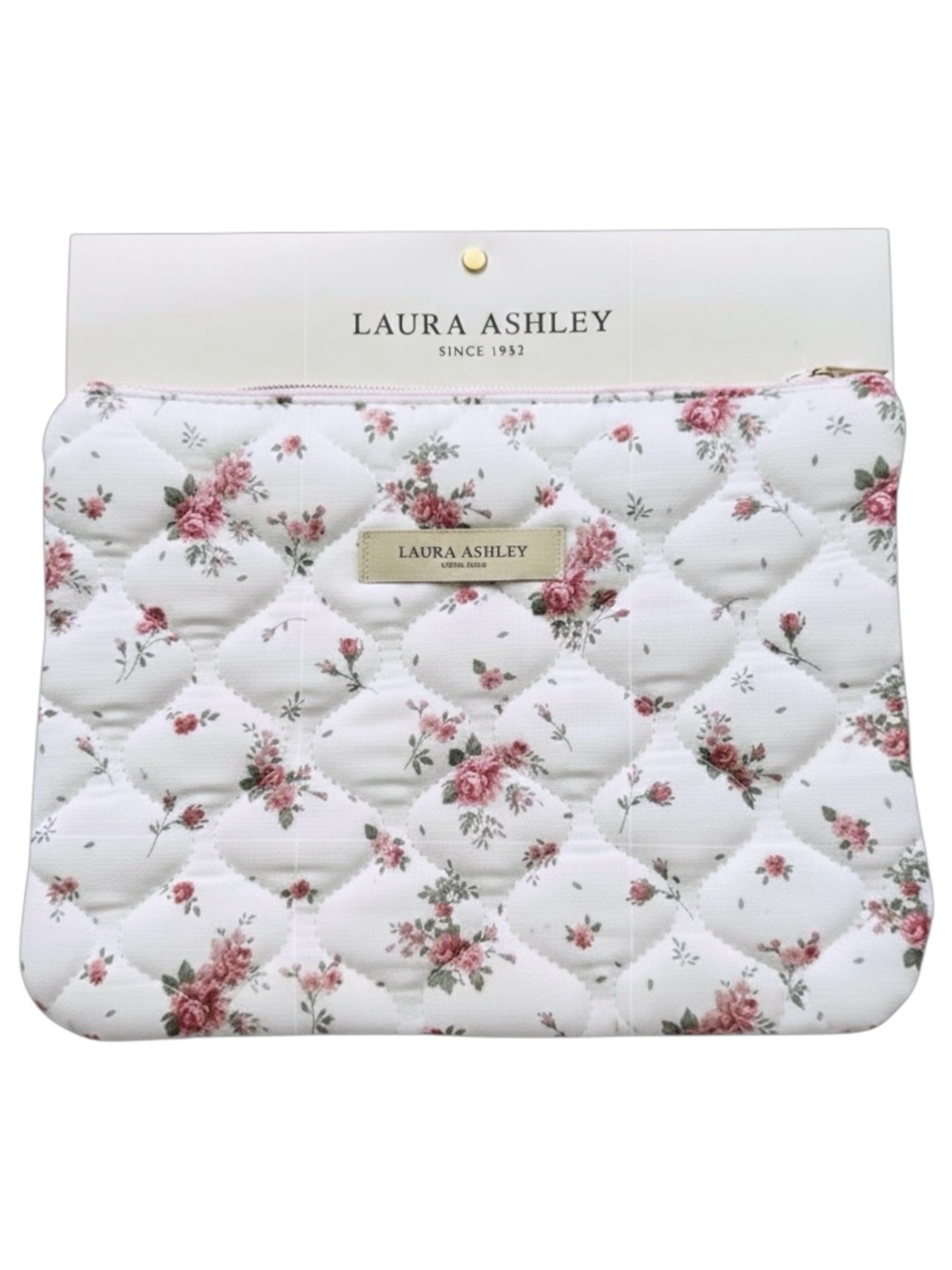 LAURA ASHLEY “Cora” Floral Quilted Zip Pouch with Pink Striped Lining - NEW